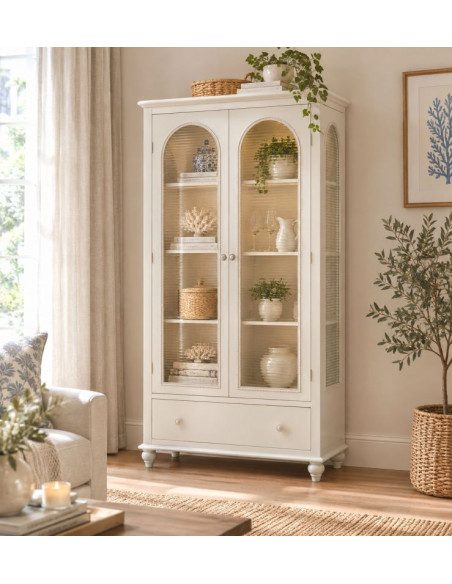Vitrine blanche 2 portes en bois et verre strié 80x38x160 cm Orelela  - 2