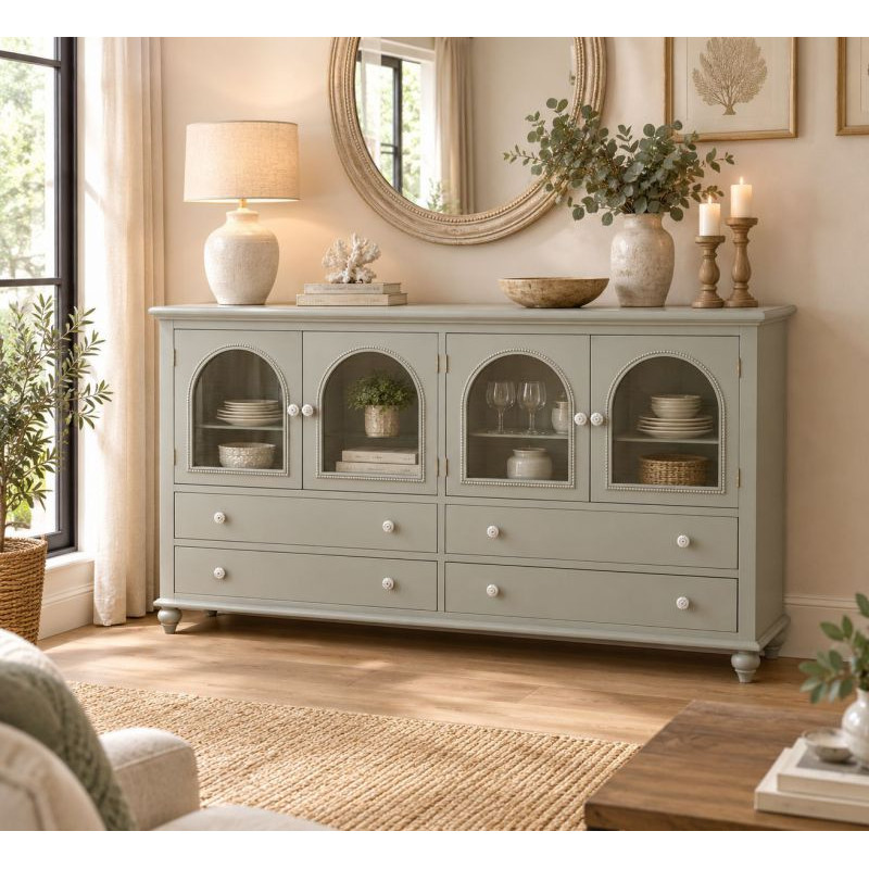 Buffet vert sauge bois et verre 4 portes 4 tiroirs 160x38x88 cm Orelela  - 2