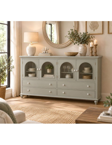 Buffet vert sauge bois et verre 4 portes 4 tiroirs 160x38x88 cm Orelela  - 2