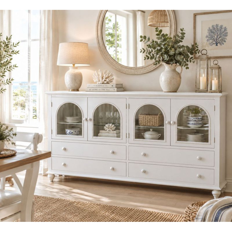 Buffet blanc 4 portes 4 tiroirs bois et verre 160x38x88 cm Orelela  - 2