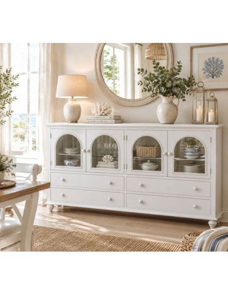 Buffet blanc 4 portes 4 tiroirs bois et verre 160x38x88 cm Orelela  - 2