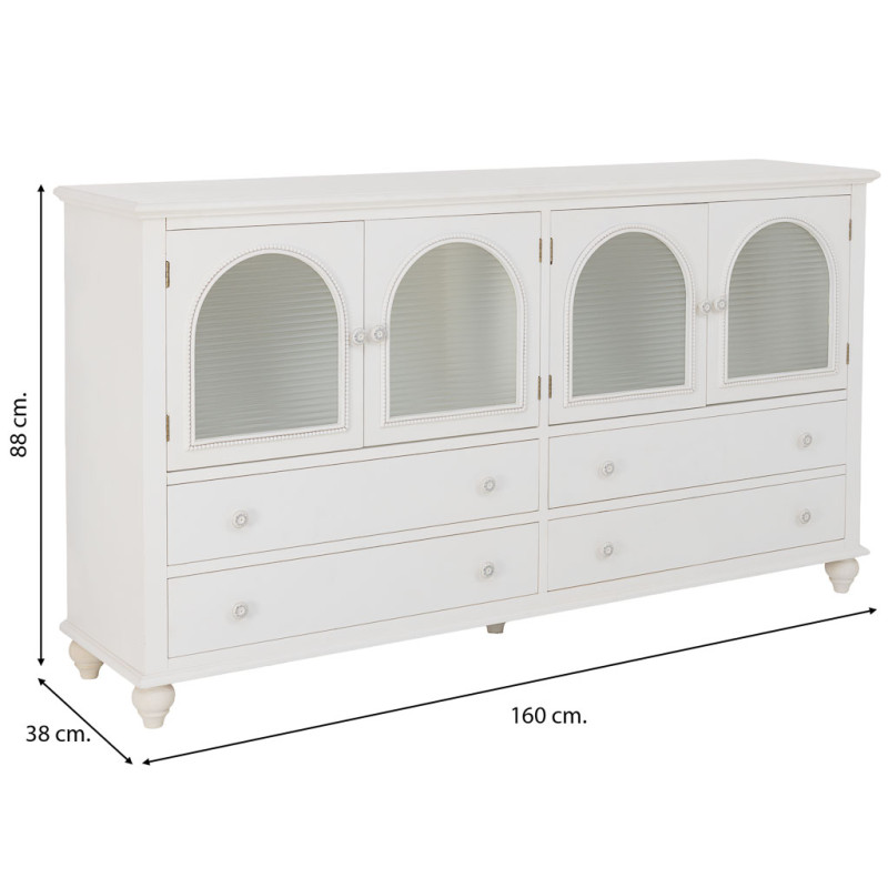 Buffet blanc 4 portes 4 tiroirs bois et verre 160x38x88 cm Orelela  - 11