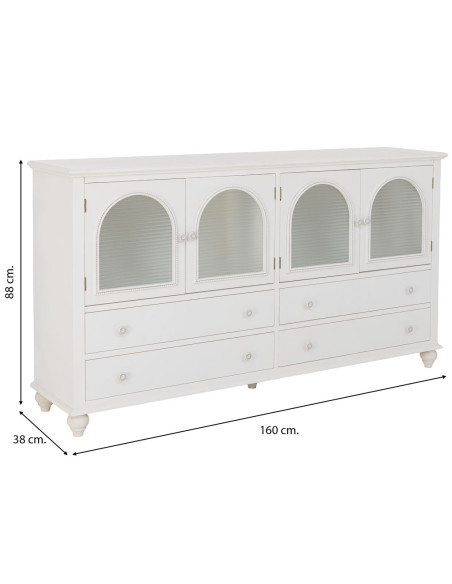 Buffet blanc 4 portes 4 tiroirs bois et verre 160x38x88 cm Orelela  - 11