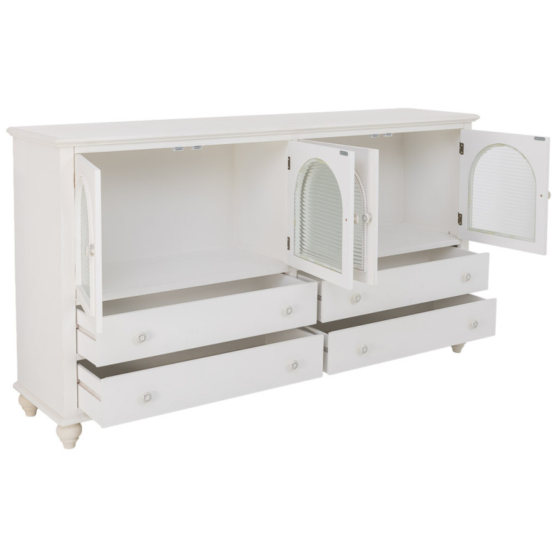 Buffet blanc 4 portes 4 tiroirs bois et verre 160x38x88 cm Orelela  - 4