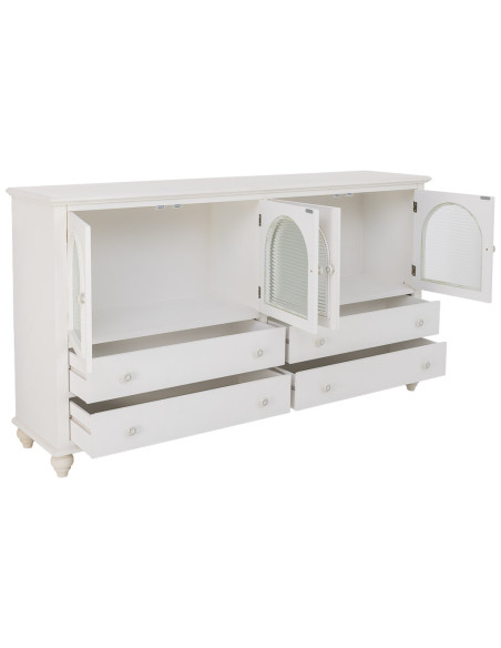 Buffet blanc 4 portes 4 tiroirs bois et verre 160x38x88 cm Orelela  - 4