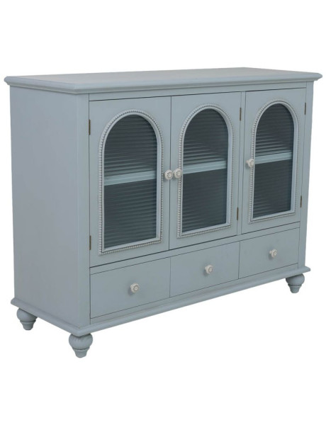 Buffet bleu grisé bois et verre 3 portes 3 tiroirs 105x38x80,5 cm Orelela  - 1