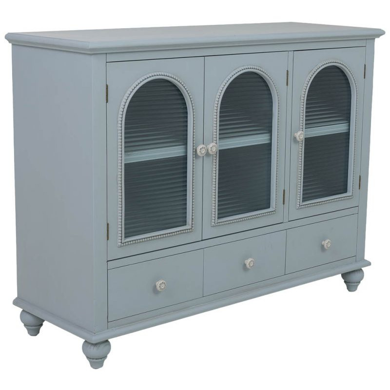 Buffet bleu grisé bois et verre 3 portes 3 tiroirs 105x38x80,5 cm Orelela  - 1
