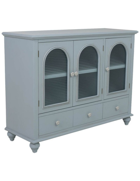 Buffet bleu grisé bois et verre 3 portes 3 tiroirs 105x38x80,5 cm Orelela  - 1