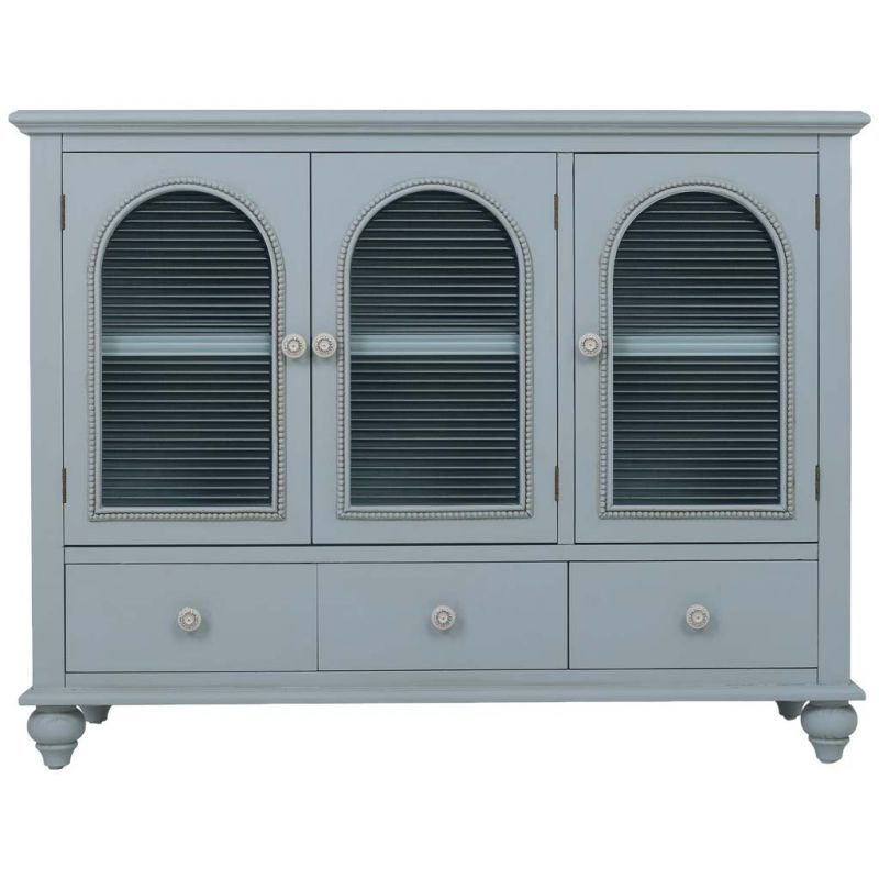Buffet bleu grisé bois et verre 3 portes 3 tiroirs 105x38x80,5 cm Orelela  - 2