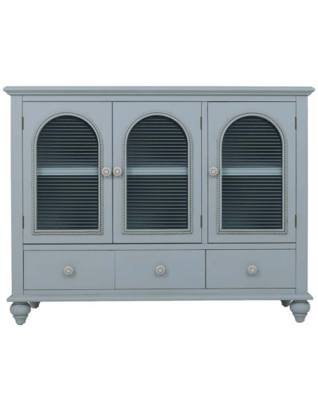 Buffet bleu grisé bois et verre 3 portes 3 tiroirs 105x38x80,5 cm Orelela  - 2