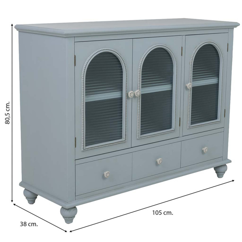 Buffet bleu grisé bois et verre 3 portes 3 tiroirs 105x38x80,5 cm Orelela  - 10