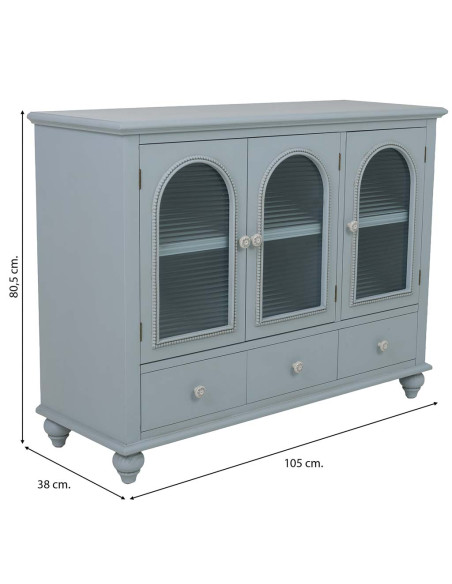 Buffet bleu grisé bois et verre 3 portes 3 tiroirs 105x38x80,5 cm Orelela  - 10