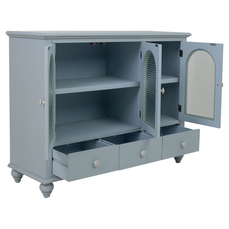 Buffet bleu grisé bois et verre 3 portes 3 tiroirs 105x38x80,5 cm Orelela  - 3