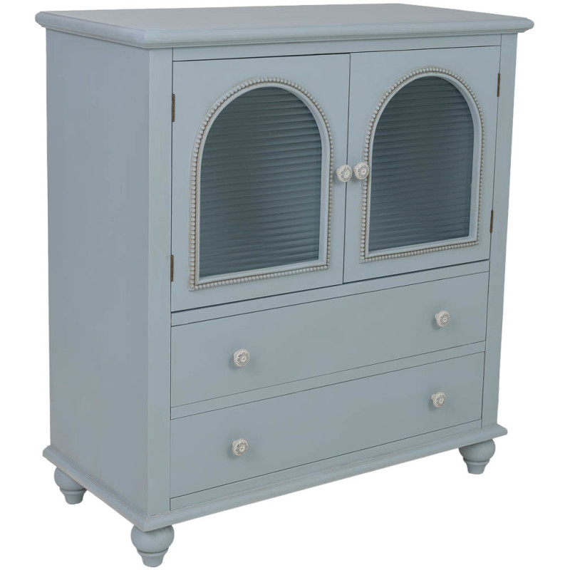 Buffet bleu grisé en bois 2 portes vitrées 2 tiroirs 80x38x88 cm Orelela  - 1