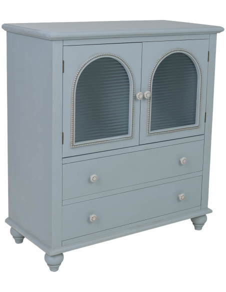 Buffet bleu grisé en bois 2 portes vitrées 2 tiroirs 80x38x88 cm Orelela  - 1