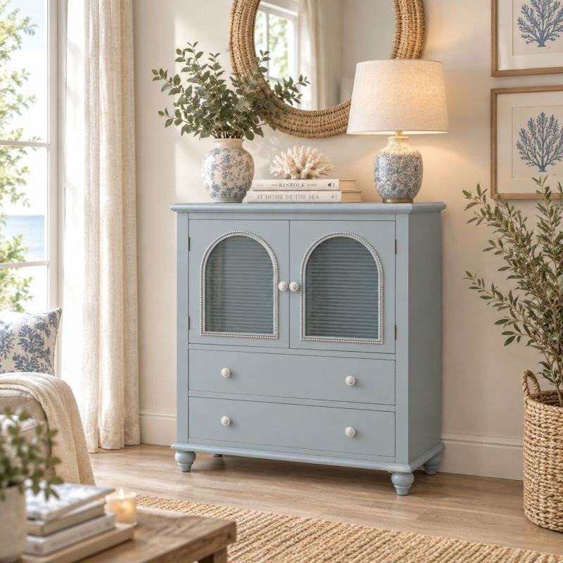 Buffet bleu grisé en bois 2 portes vitrées 2 tiroirs 80x38x88 cm Orelela  - 2