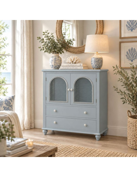 Buffet bleu grisé en bois 2 portes vitrées 2 tiroirs 80x38x88 cm Orelela  - 2