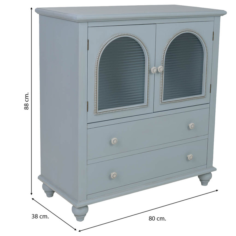 Buffet bleu grisé en bois 2 portes vitrées 2 tiroirs 80x38x88 cm Orelela  - 11