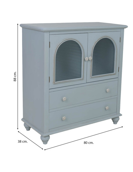 Buffet bleu grisé en bois 2 portes vitrées 2 tiroirs 80x38x88 cm Orelela  - 11