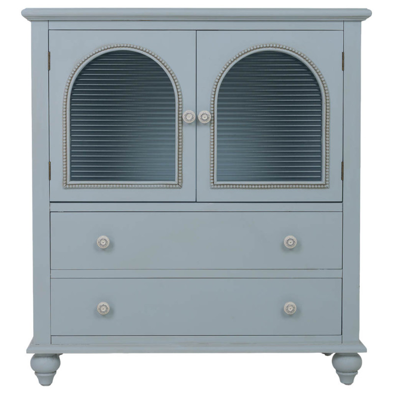 Buffet bleu grisé en bois 2 portes vitrées 2 tiroirs 80x38x88 cm Orelela  - 3