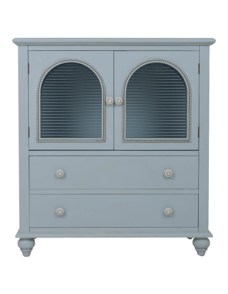 Buffet bleu grisé en bois 2 portes vitrées 2 tiroirs 80x38x88 cm Orelela  - 3