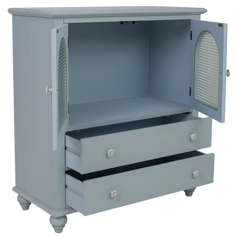 Buffet bleu grisé en bois 2 portes vitrées 2 tiroirs 80x38x88 cm Orelela  - 4