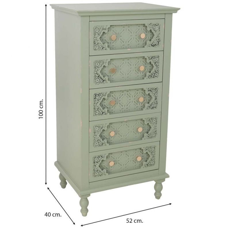 Commode haute vert sauge en bois 5 tiroirs 52x40x100 cm Feliza  - 9