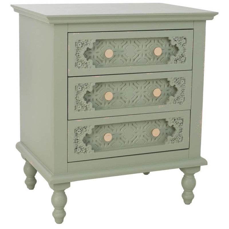Table de chevet 3 tiroirs vert sauge en bois de sapin et MDF 52x38x59 cm Feliza  - 1