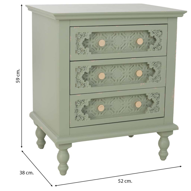 Table de chevet 3 tiroirs vert sauge en bois de sapin et MDF 52x38x59 cm Feliza  - 9