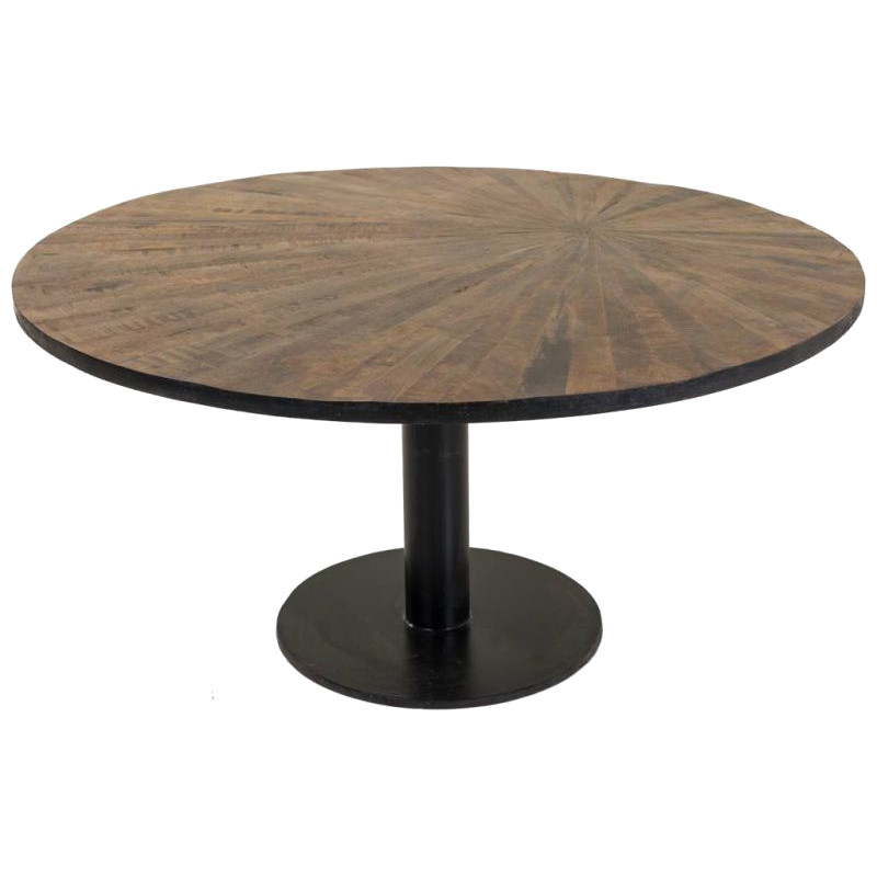 Table basse ronde industrielle en bois massif brun et métal noir Ø90x45 cm Derisa  - 1