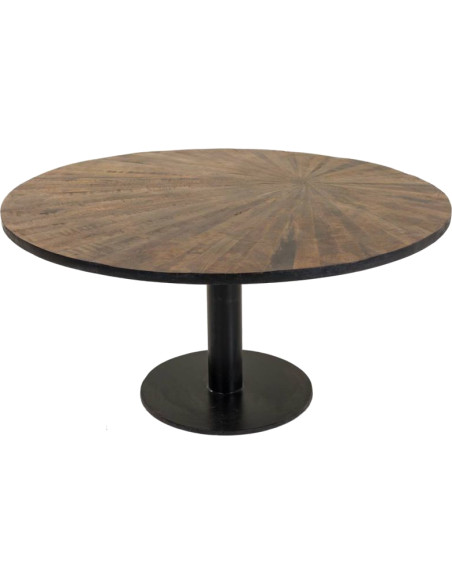 Table basse ronde industrielle en bois massif brun et métal noir Ø90x45 cm Derisa  - 1