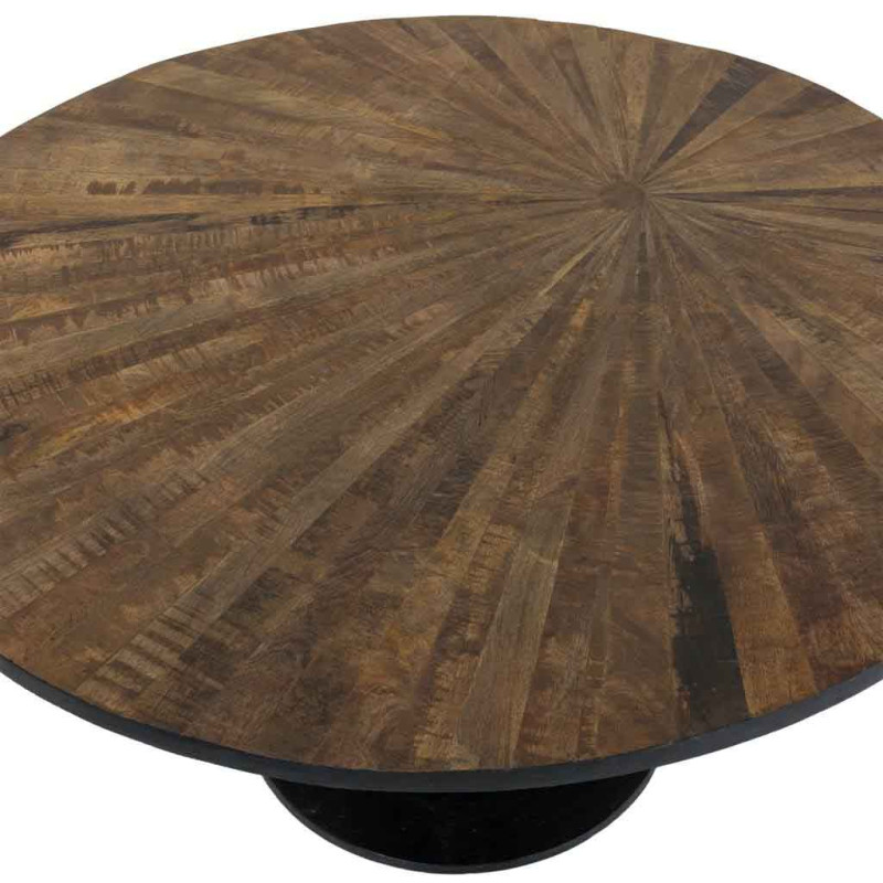 Table basse ronde industrielle en bois massif brun et métal noir Ø90x45 cm Derisa  - 3