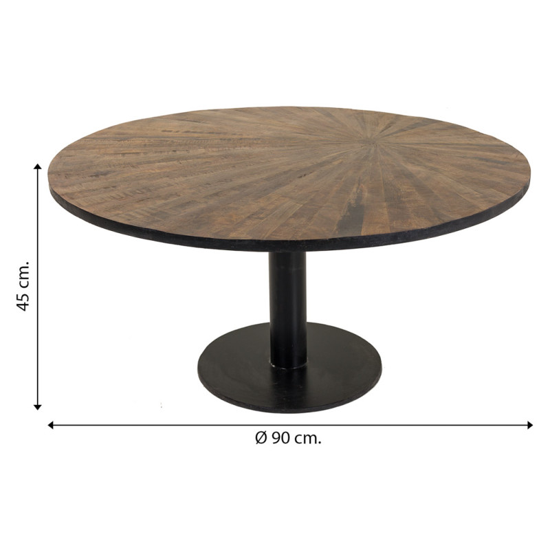 Table basse ronde industrielle en bois massif brun et métal noir Ø90x45 cm Derisa  - 6