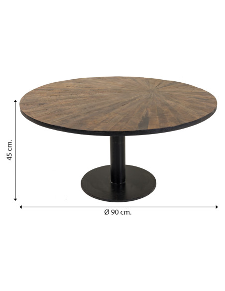 Table basse ronde industrielle en bois massif brun et métal noir Ø90x45 cm Derisa  - 6