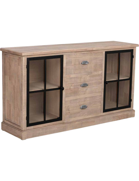 Buffet vitrine 2 portes 3 tiroirs bois d’hévéa brun 150x40x83 cm Ozabio  - 1