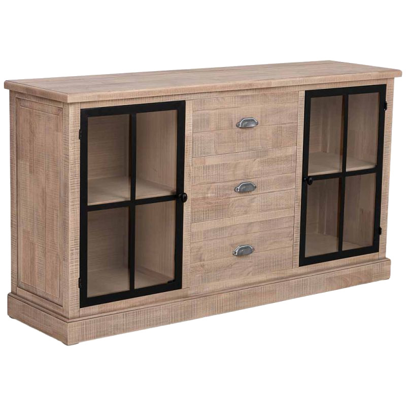 Buffet vitrine 2 portes 3 tiroirs bois d’hévéa brun 150x40x83 cm Ozabio  - 1