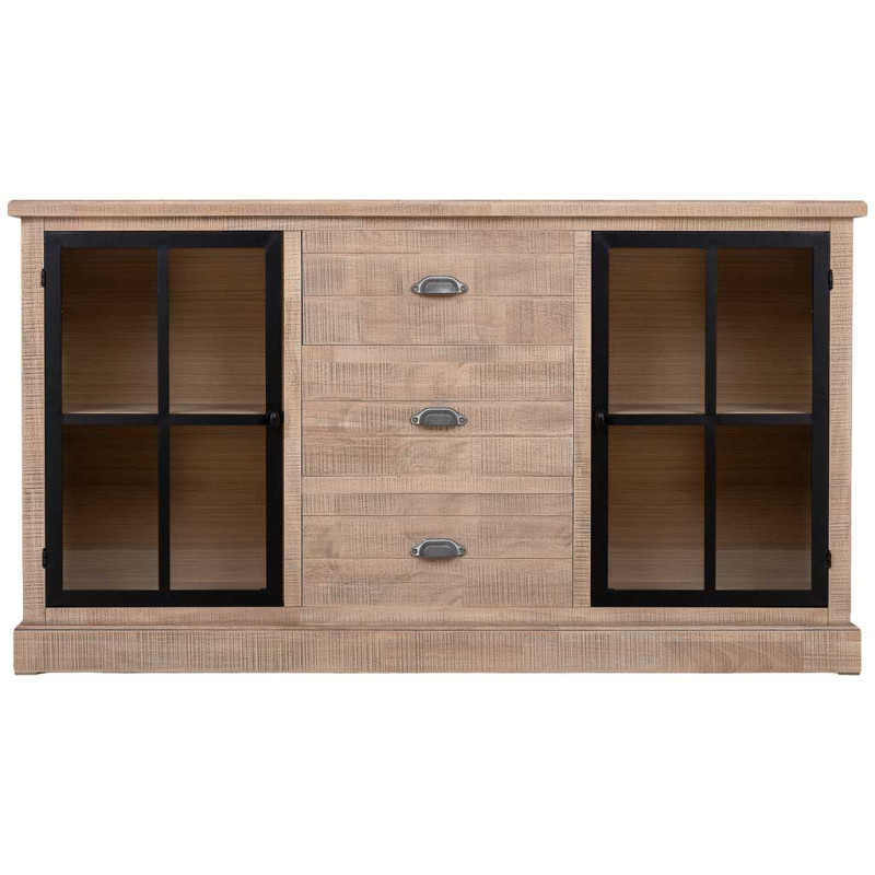 Buffet vitrine 2 portes 3 tiroirs bois d’hévéa brun 150x40x83 cm Ozabio  - 3