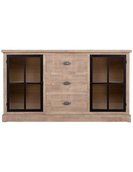Buffet vitrine 2 portes 3 tiroirs bois d’hévéa brun 150x40x83 cm Ozabio  - 3