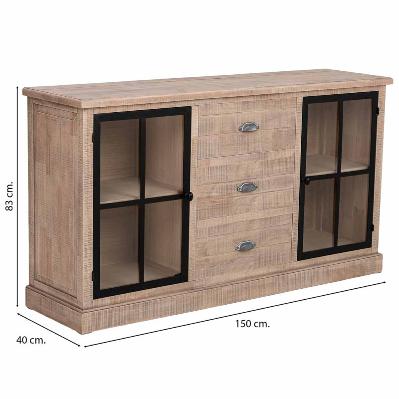 Buffet vitrine 2 portes 3 tiroirs bois d’hévéa brun 150x40x83 cm Ozabio  - 9
