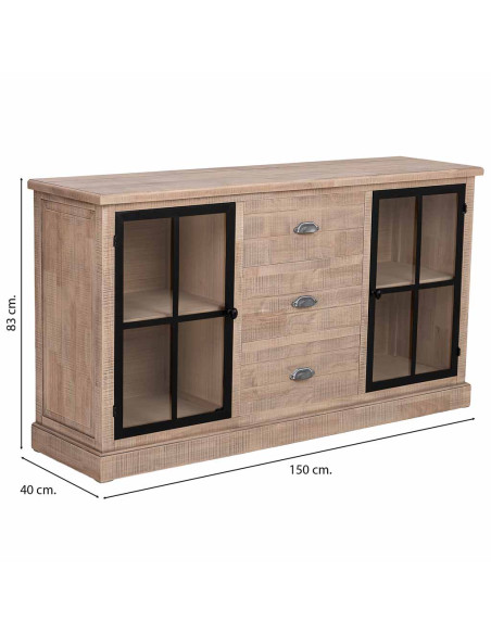 Buffet vitrine 2 portes 3 tiroirs bois d’hévéa brun 150x40x83 cm Ozabio  - 9