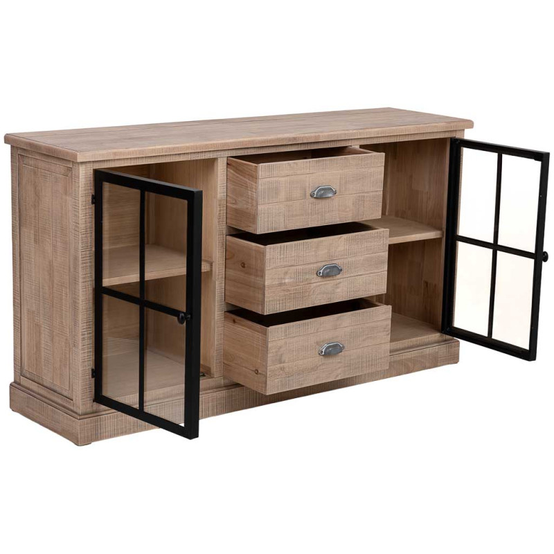 Buffet vitrine 2 portes 3 tiroirs bois d’hévéa brun 150x40x83 cm Ozabio  - 4