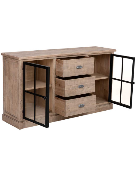 Buffet vitrine 2 portes 3 tiroirs bois d’hévéa brun 150x40x83 cm Ozabio  - 4