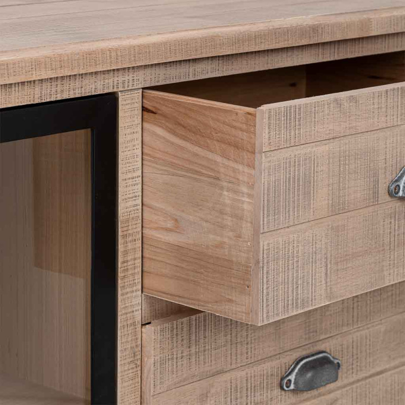 Buffet vitrine 2 portes 3 tiroirs bois d’hévéa brun 150x40x83 cm Ozabio  - 6