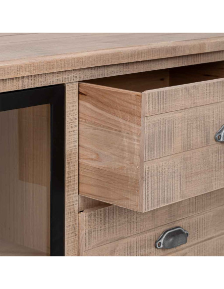 Buffet vitrine 2 portes 3 tiroirs bois d’hévéa brun 150x40x83 cm Ozabio  - 6