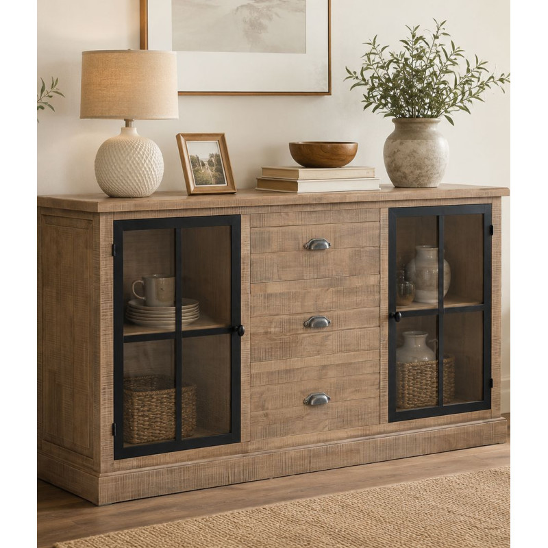 Buffet vitrine 2 portes 3 tiroirs bois d’hévéa brun 150x40x83 cm Ozabio  - 2