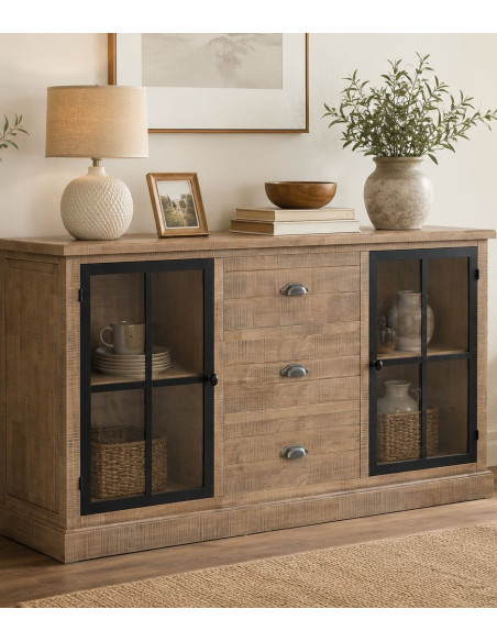 Buffet vitrine 2 portes 3 tiroirs bois d’hévéa brun 150x40x83 cm Ozabio  - 2