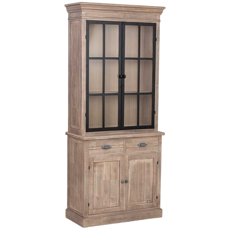 Vaisselier vitrine 4 portes 2 tiroirs hévéa brun 87x40x198 cm Ozabio  - 1
