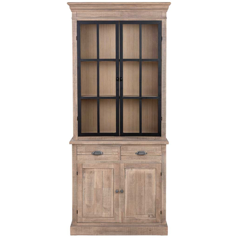 Vaisselier vitrine 4 portes 2 tiroirs hévéa brun 87x40x198 cm Ozabio  - 2
