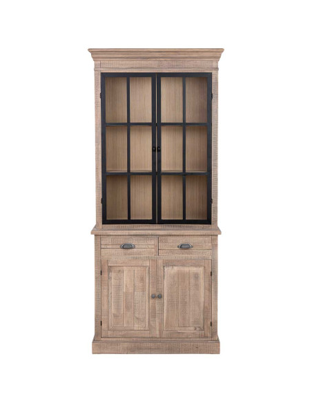 Vaisselier vitrine 4 portes 2 tiroirs hévéa brun 87x40x198 cm Ozabio  - 2