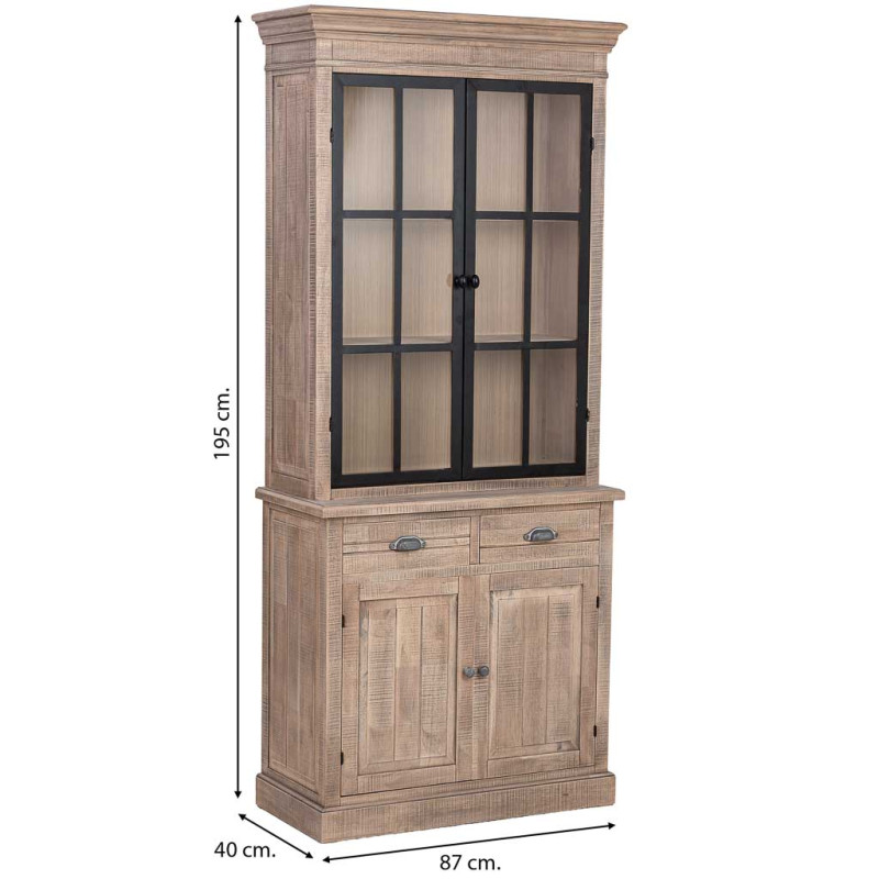 Vaisselier vitrine 4 portes 2 tiroirs hévéa brun 87x40x198 cm Ozabio  - 8